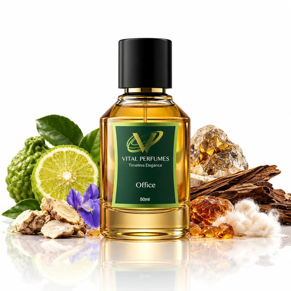 Office perfume bottle on a white background with its notes, 50ml, Vital Perfumes